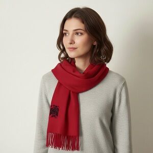 MAGENTA DESIGNS Wool Red Scarf Indigenous Eagle Art Northwest Coast Style Fringe